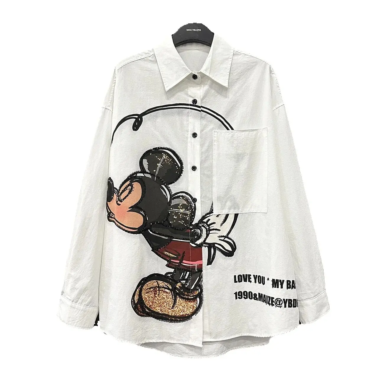 

2025 New Spring Autumn Loose White Blouses Women Single-breasted Casual Cardigans Top Sequins Cartoon Long Sleeve Female Shirts