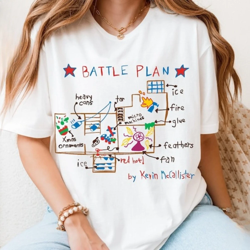 Allein zu Hause Battle Plan Lustiges T-Shirt Weihnachts-Grafik-T-Shirt Klassisches Weihnachts-Film-Shirt Familie Männer Frauen Kinder Lässiges Baumwoll-Top