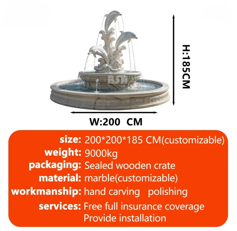 BSA Custom Size Marble Dolphin Fountain Sculpture, Stone Dolphin Fountain for Manors & Parks