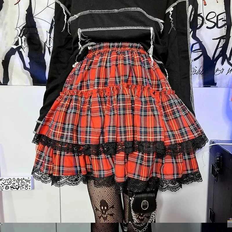 

Preppy Style Harajuku Plaid Print Rock Kpop Skirts Women Chic Japanese High Waist A-line Summer Saia Plaid Patchwork Lace Skirt