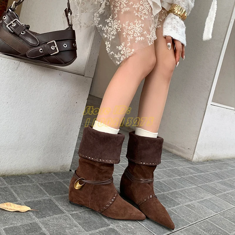 Retro Suede Mid Calf Boots Height Increasing Sexy Pointed Toe Slip On Turn Over Slouchy Fashion 2024 Winter Autumn Women Boots