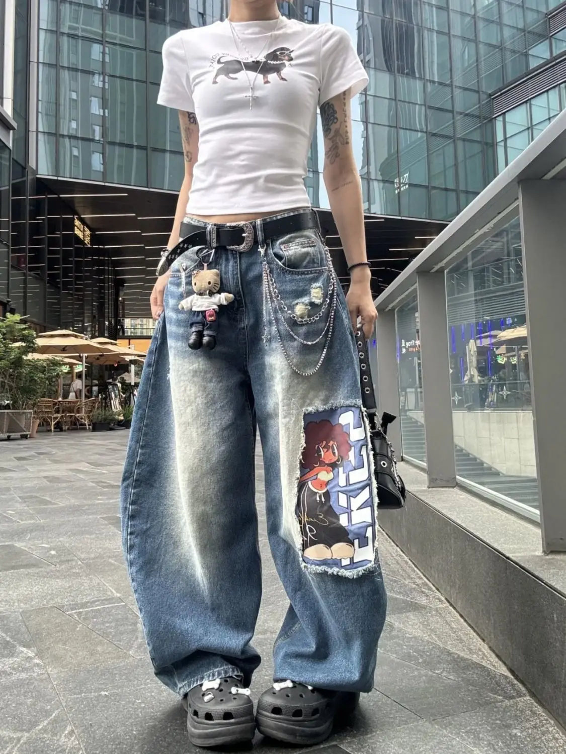 

American Cartoon Patch Scimitar Jeans Women Autumn New Style Lazy Style High Street Design Loose Versatile Wide-Leg Pants