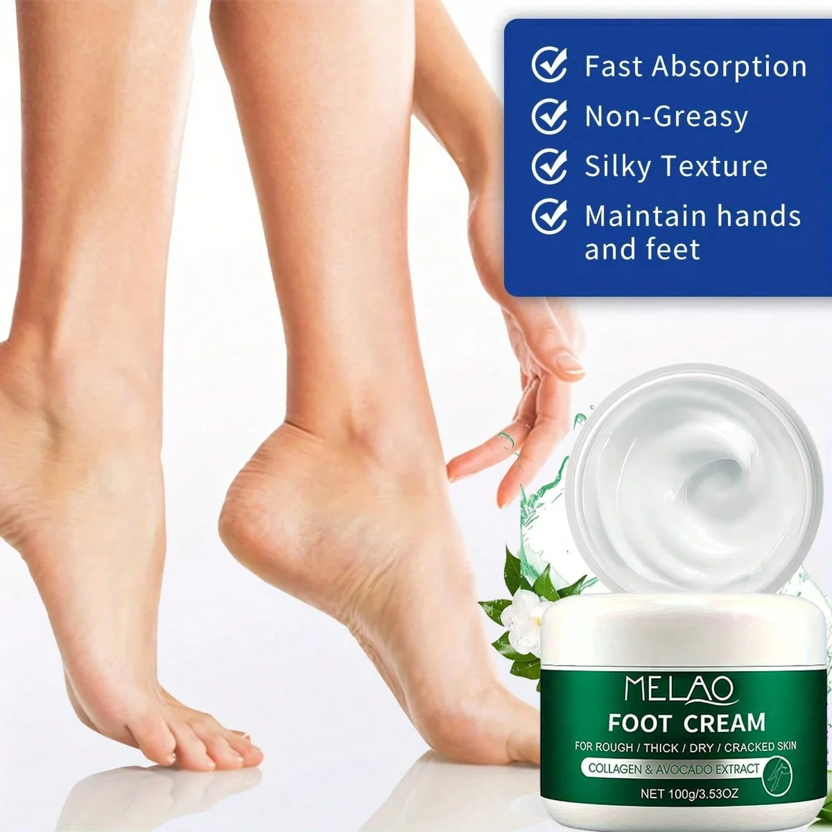 MELAO Collagen Foot Cream for Cracked Heels & Dead Skin -  Avocado Extract Formula Repairs Dry Feet, Softens Rough Skin​