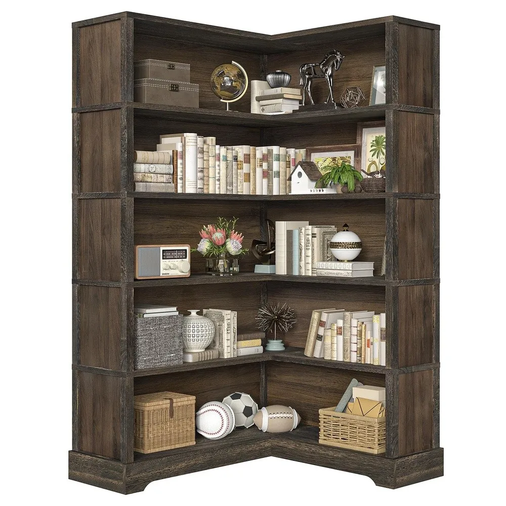 Wood Corner Book Shelf 5 Tier 65 Inch Tall Bookshelf with Storage Floor Standing Display Book Shelf for Living Room