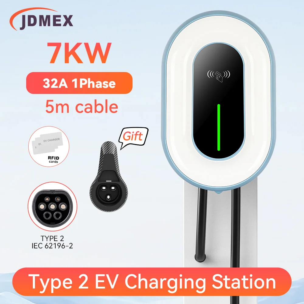 JDMEX Type2 7KW EV Charger Wallbox 32A 1Phase Electric Vehicle Charger EVSE Station Swipe Card Wallmount IEC62196-2 5M Cable