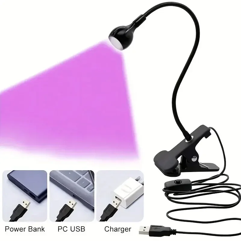 Lámpara LED de cuello de ganso para decoración de uñas, luz púrpura de curado UV, Clip USB, para dormitorio, masajeador de viaje