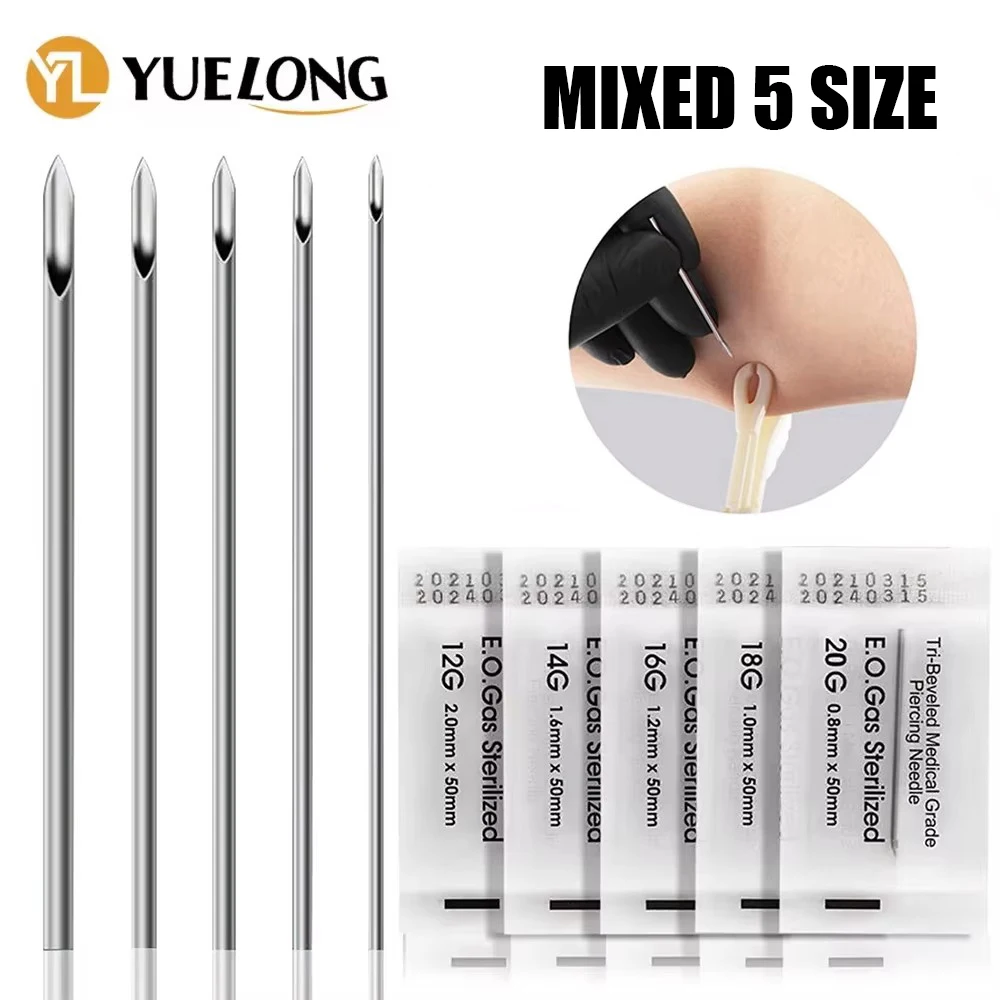 ﻿ 100/50/5pcs Mixed Size Body Piercing Needles 12/14/16/18/20G Disposable Sterilized Piercing Needle Tattoo Ear Nose