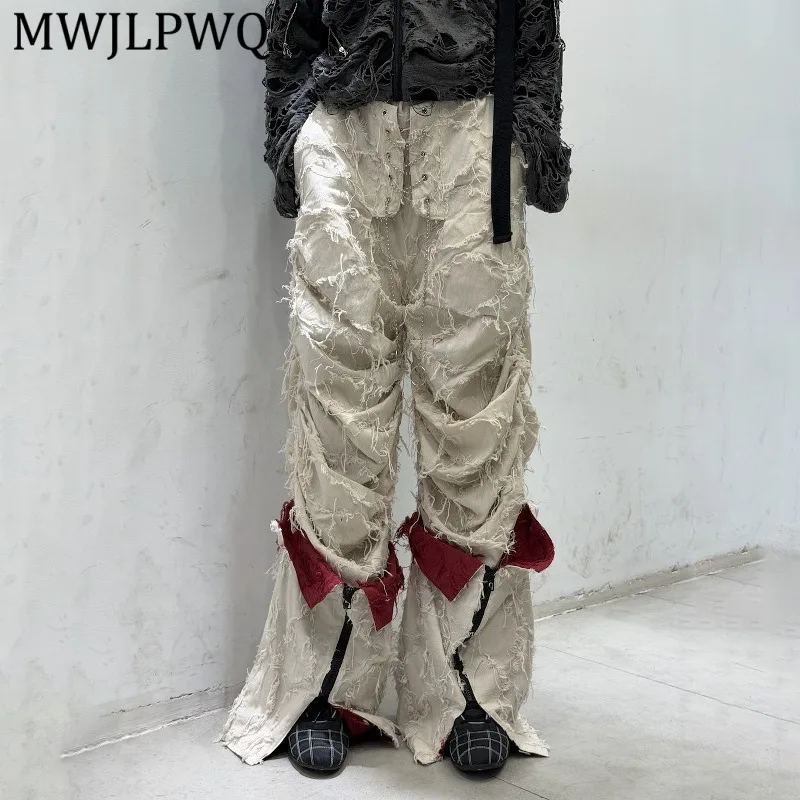 

MWJLPWQ Deconstructed Daily Wide Leg Bottoms Frayed Trim Front Ruched Detail Inner Split Hem Zip Versatile Street Trousers 16768