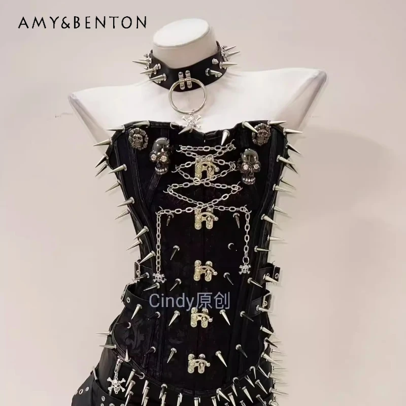 

Original Design Black Hot Girl Punk Rivet Dark Flower PU Leather Women's Top 2025 Summer Gothic Dark Sexy Tube Top Vest Ladies
