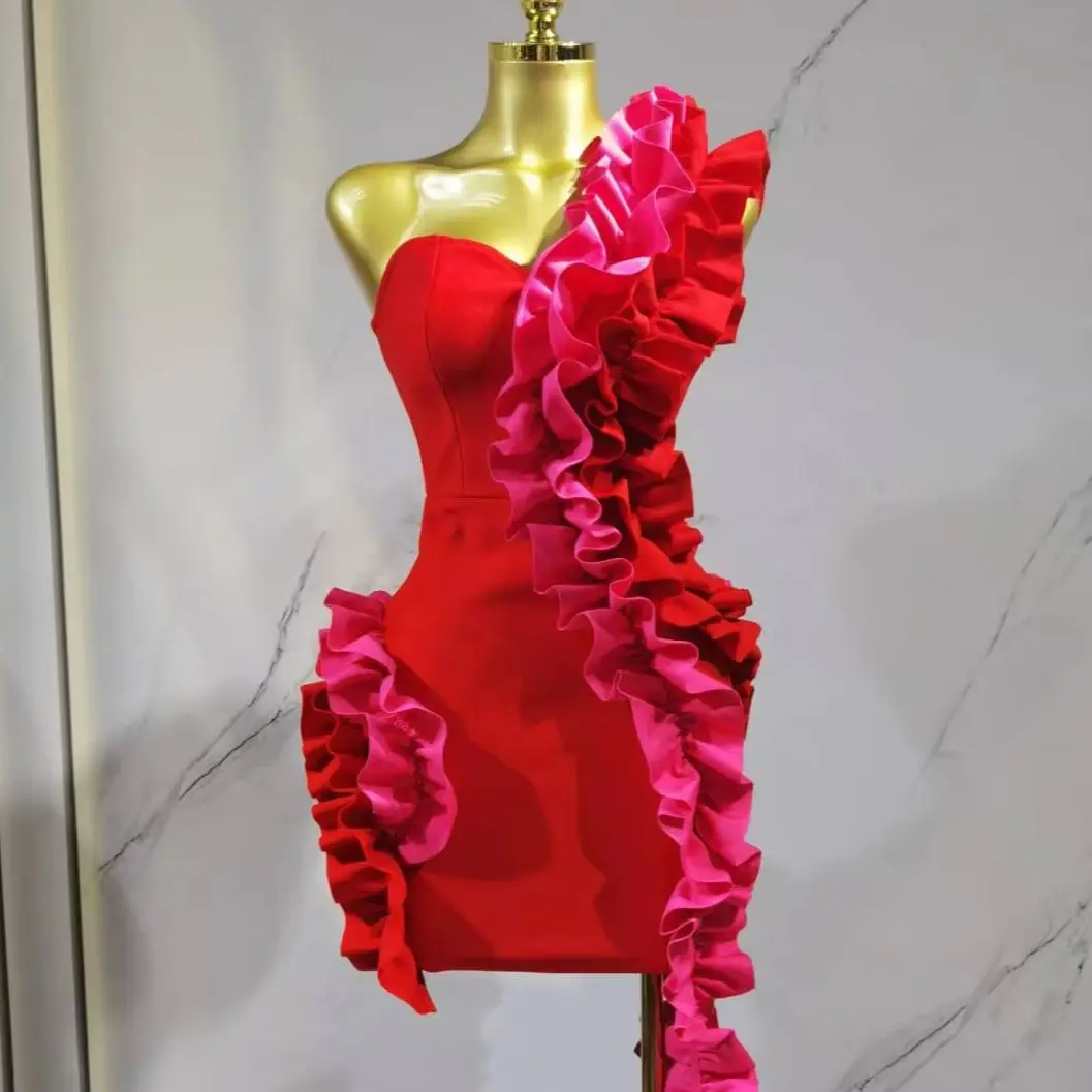 

Women Sexy One Shoulder Red Ruffles Bodycon Bandage Dress 2025 Celebrity Elegant Evening Birthday Party Club Luxury Dresses