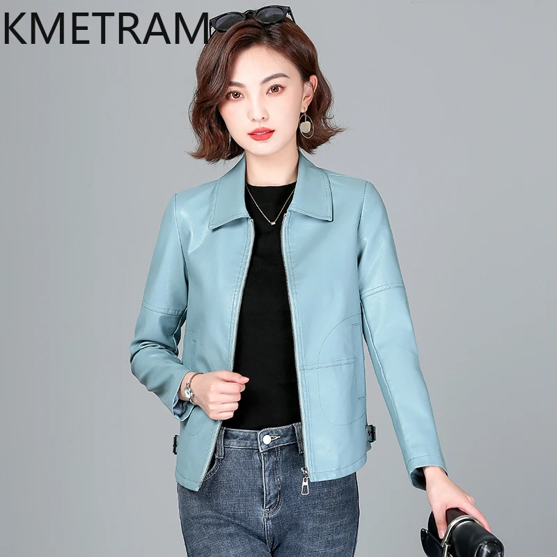 KMETRAM jaket kulit domba asli wanita, jaket kulit domba asli gaya Korea, pakaian wanita pendek musim semi musim gugur 2024, Slim Fit Jaqueta Couro