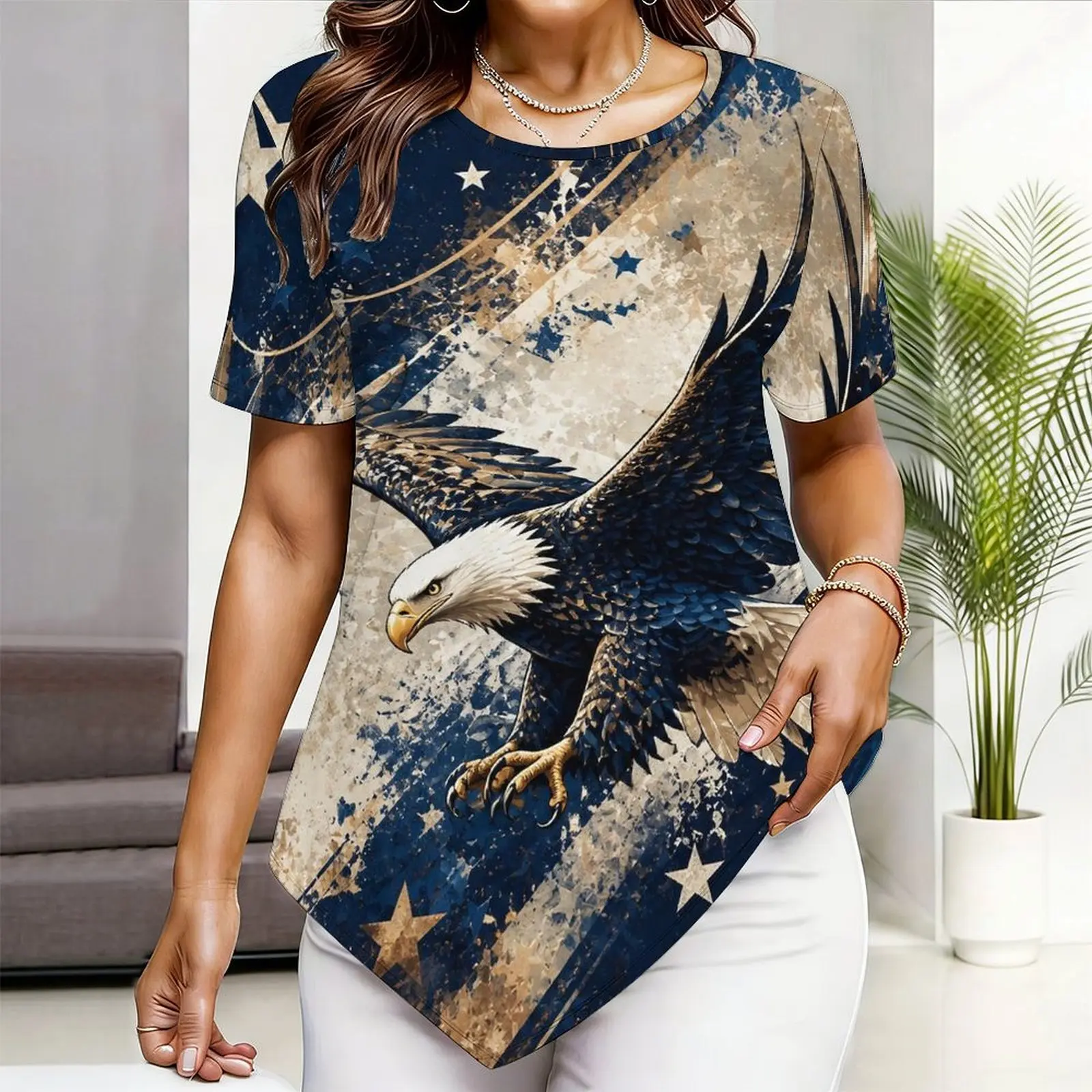 Printed Top for Women Round Neck Short Sleeve Pointed Hem