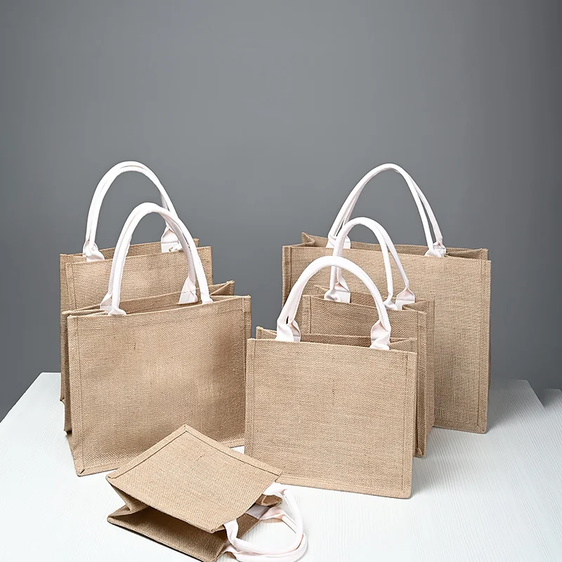 10 pieces burlap bag shopping tote bag eco-friendly lunch box linen women storage canvas bag print logo