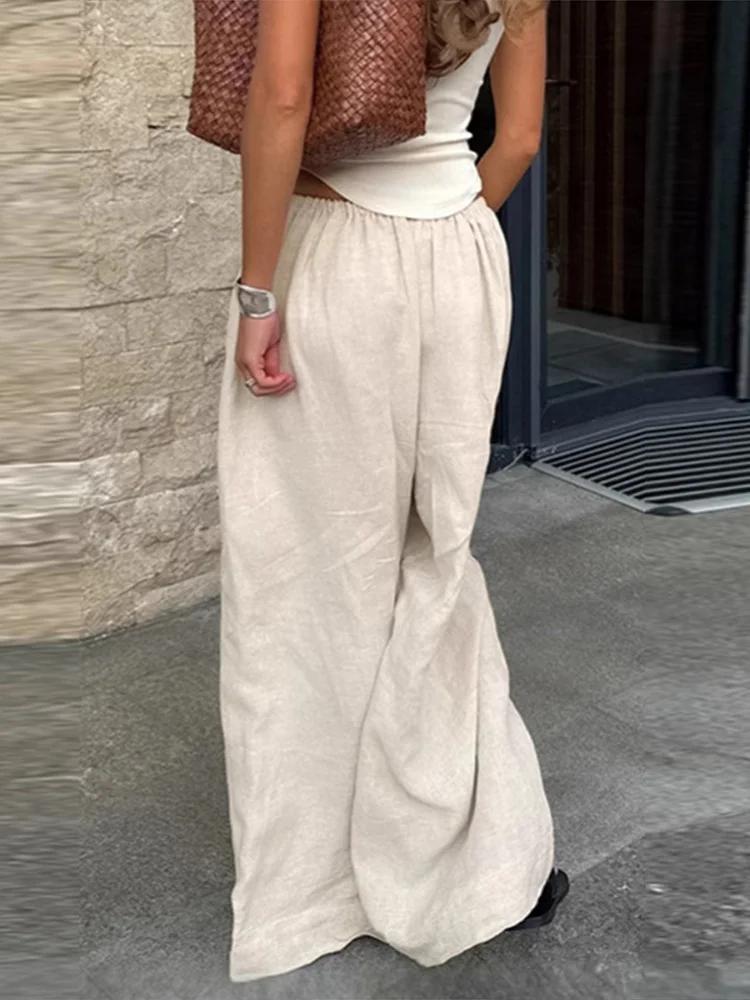 Loose Cotton Line Long Pant Women 2026 Summer Elastic Waist Wide Leg Trouser Female Fashion Lady Casual Holiday Beach Bottoms