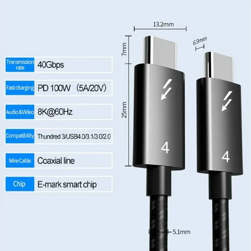 8K Thunder-bolt 4 Cable 40Gbps USB C Cable Type C PD 100W 8K@60HZ Cable Data Transfer USB-C Cable for Macbook USB4 Devices HUB