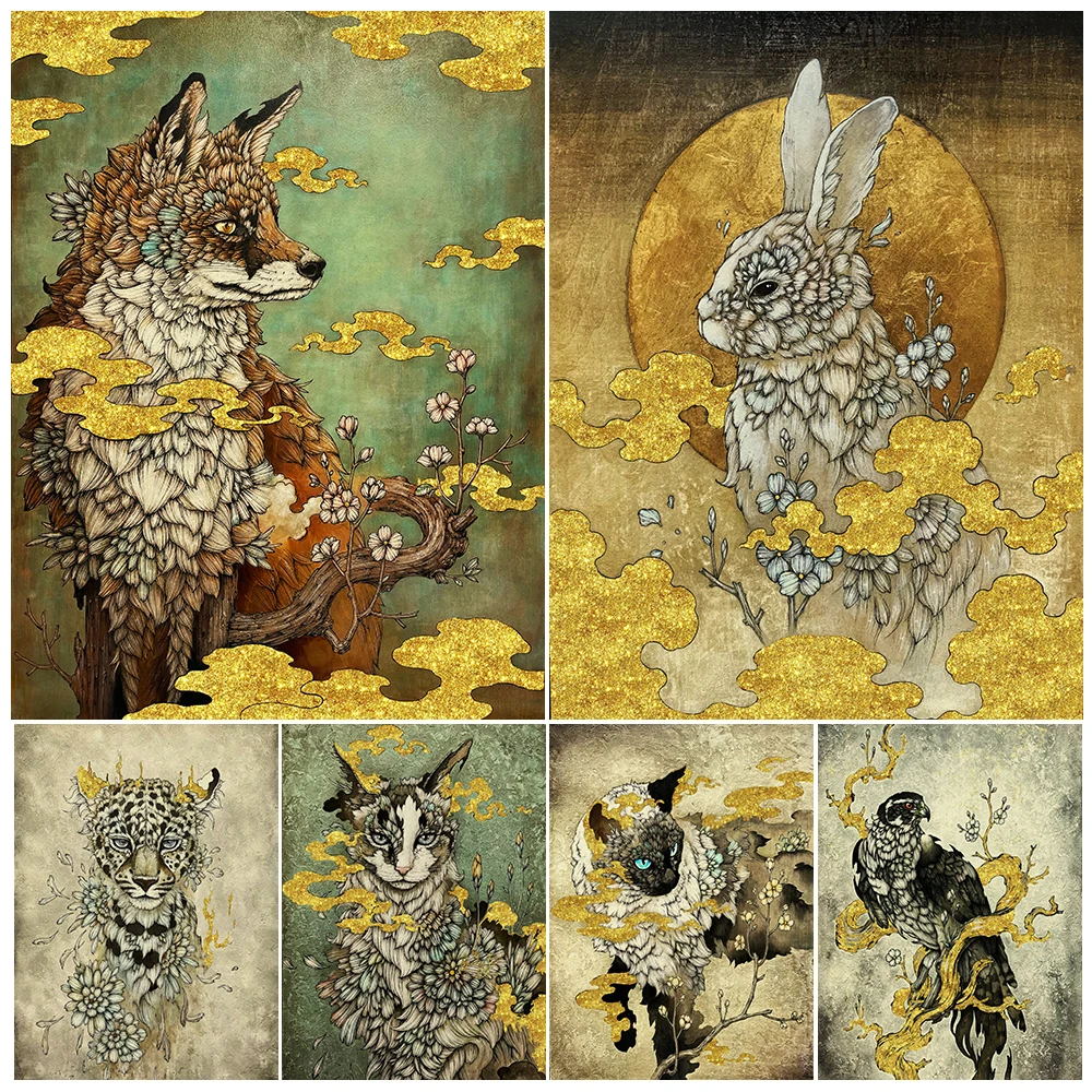 Moon Rabbit,Cat,Fox,Eagle,Cheetah,And Flower Wall Art Canvas Painting Abstract Magic Animal Art Poster And Print Home Decoration