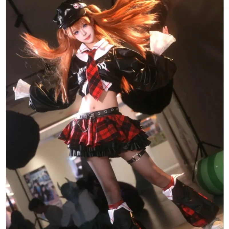 

Asuka Cosplay Costume Budding Figure Black Leather Top Red Plaid Mini Skirt Outfit Full Set for Women Halloween Cosplay Party
