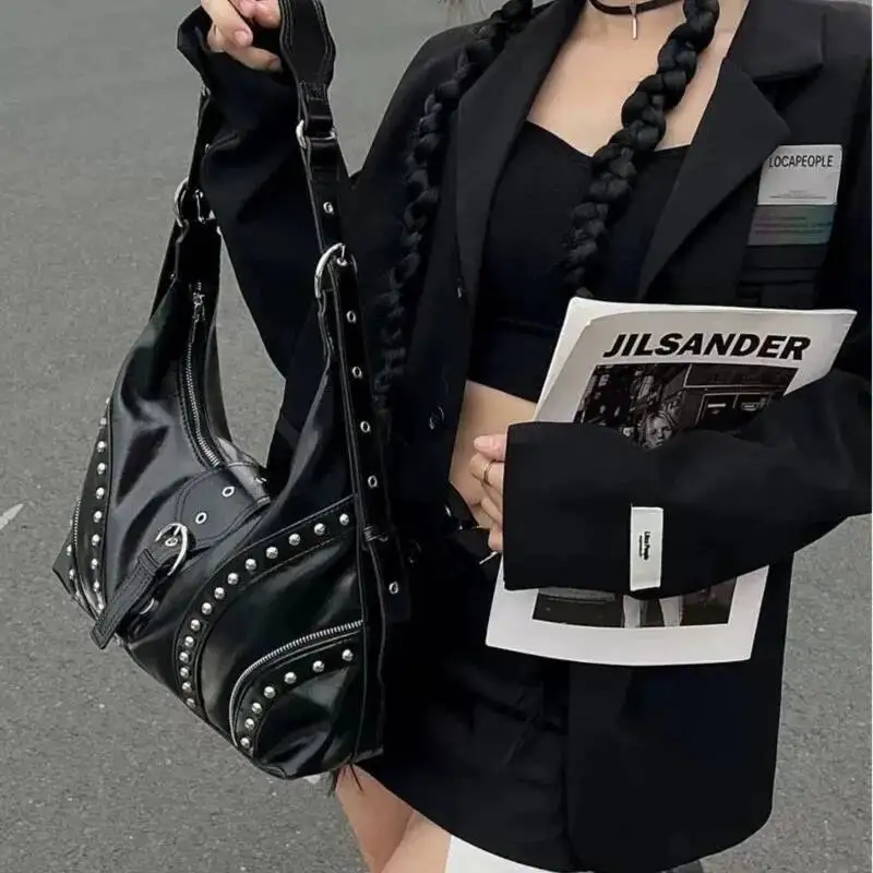 Bloom Hot Girls Black Bags Y2k Women Vintage Rivet Large Capacity Shoulder Crossbody Bag Ladies Retro Casual Handbag