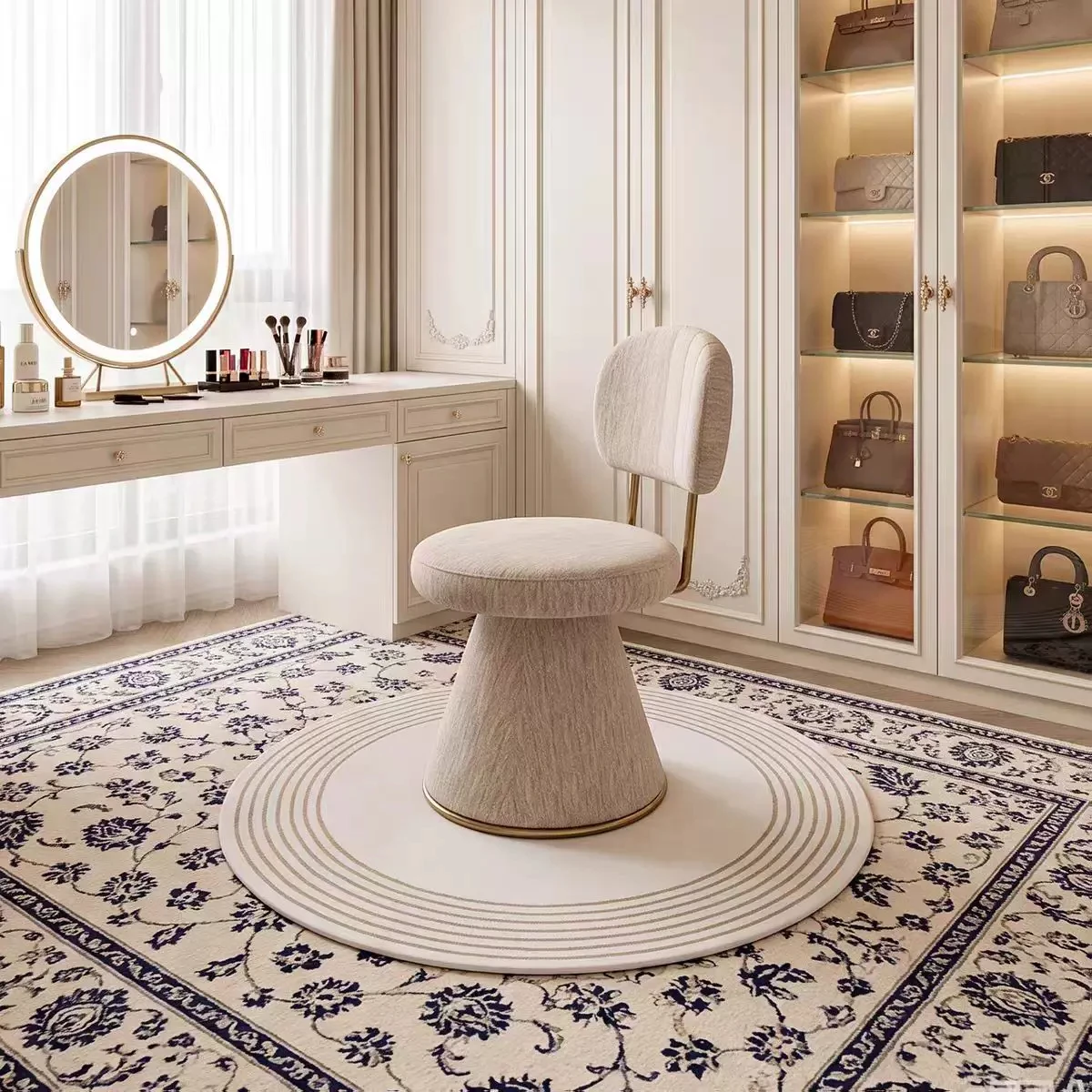 Custom Chair, Upholstered Soft Fabric Vanity Chair With Backrest, 360° Rotatable Makeup Stool For Home Bedroom Dresser Furniture