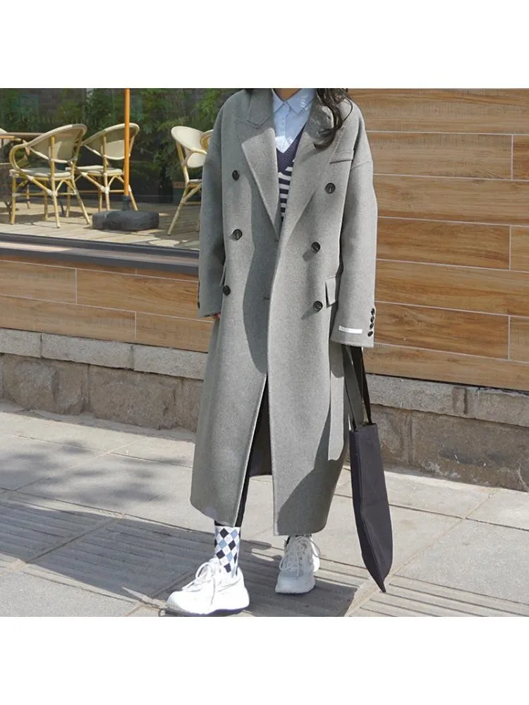 2022 Winter Korean Style High-End Handmade Double Breasted Black Long 100% Wool Coat Women Lapel Loose Warmer Woolen Jacket