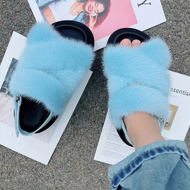 Europe Women's New Outdoor Sandals Luxury 100% Mink Hair Fashion Solid Color Flat Casual Comfortable Sneakers Charm Fur Slippers