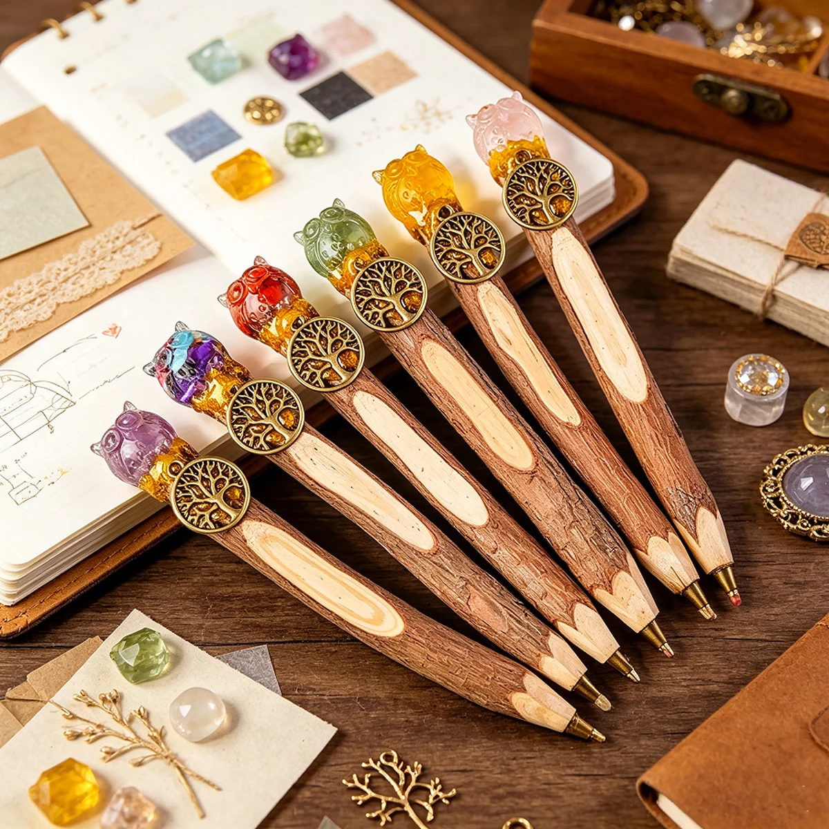 5pcs Natural Crystal Resin Owl Magic Wooden Ballpoint Pen Crystal Craft Scepter Signing Pen Festival Gift