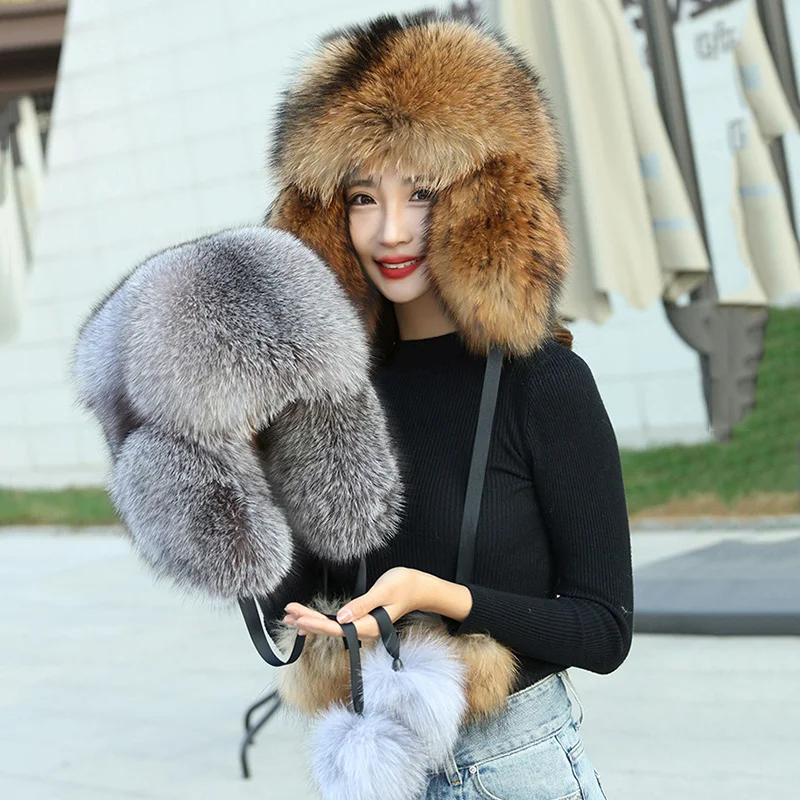 Winter Women's 100% Real Silver For Fur Bomber Hat Raccoon Fur Ushanka Cap Trapper Russian Women Ski Hats Caps Real Leather Hat