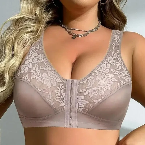 Imagen 1 del producto Sujetador reductor de talla grande 5XL con cierre frontal inalámbrico, copa completa sin forro, encaje floral, soporte cómodo sin relleno para busto grande