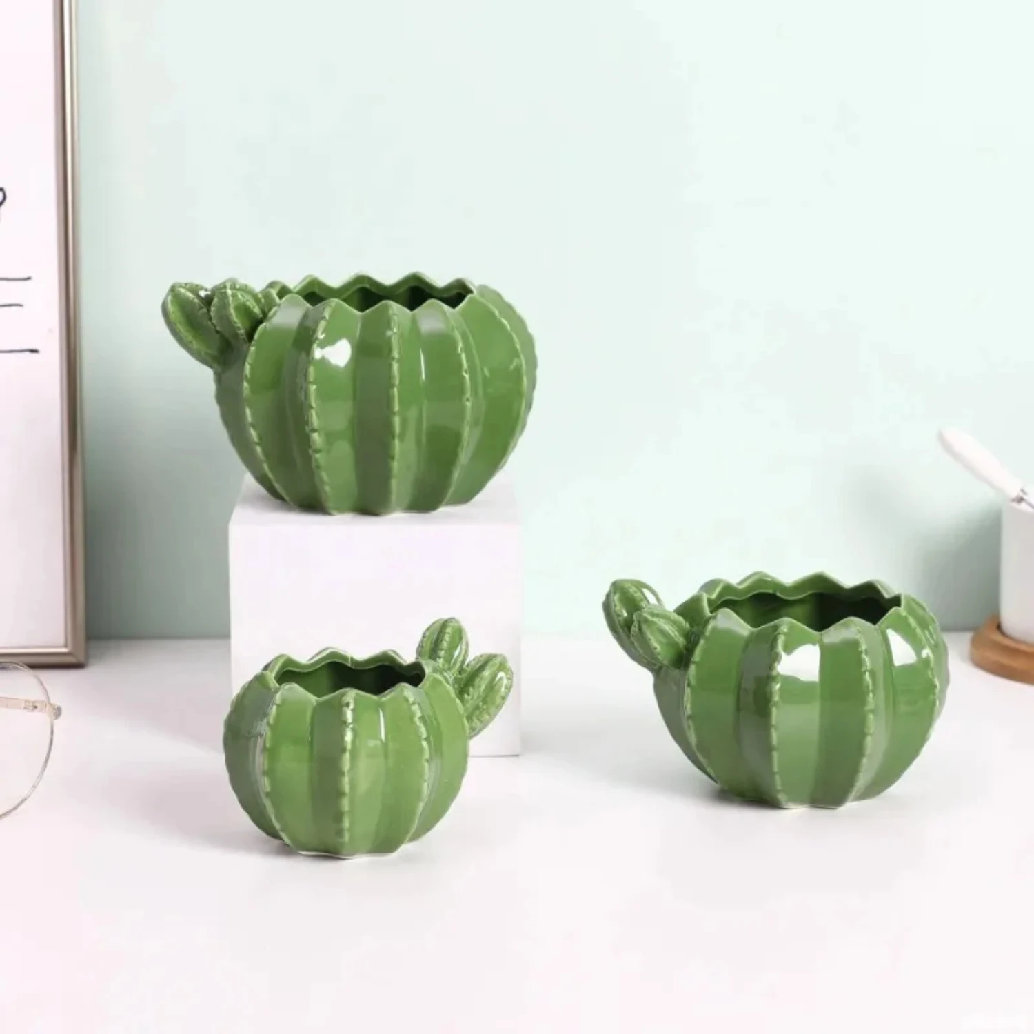 Hot  Cactus Ceramic Flower Pot Creative Plant Sculpture Craft Decoration Succulent Plant Pot  Decor Accessories