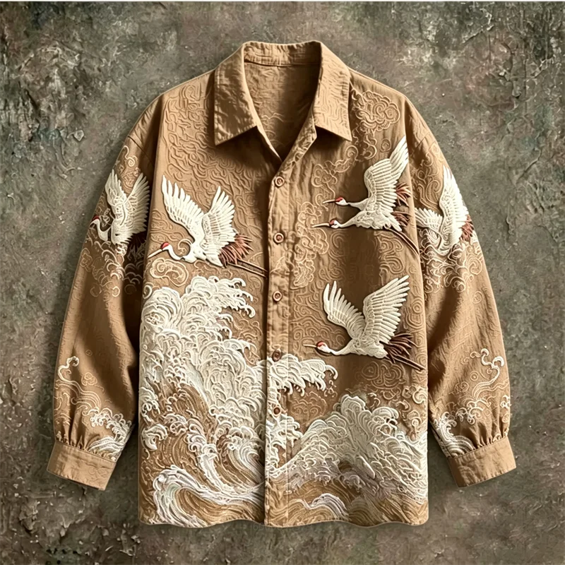 New Men's Retro Color-Blocked Long-Sleeved Shirt, a Casual and Stylish Top, Adorned with Red-Crowned Cranes and Tribal Patterns.