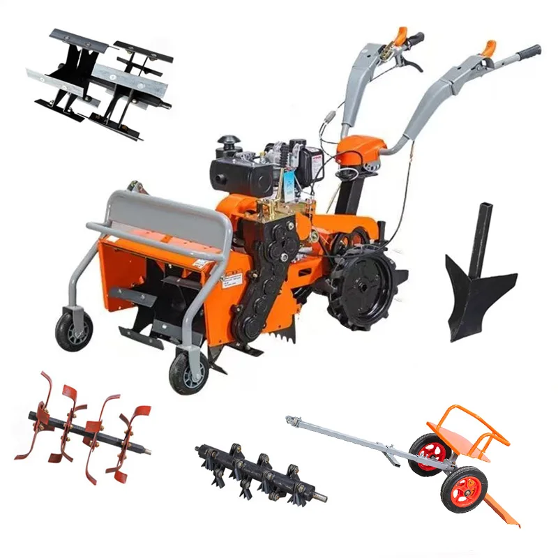 【Hot】Multifunctional Handheld Diesel Petrol Engine Rotavator Farm Tiller Cultivator 2-Row High Productivity Orchard Greenhouse D
