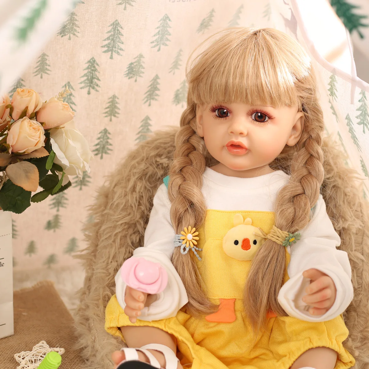 55cm Reborn Baby Doll Yellow Strap Pants Doll Girl For Children's Toy Birthday and Children's Day Gift