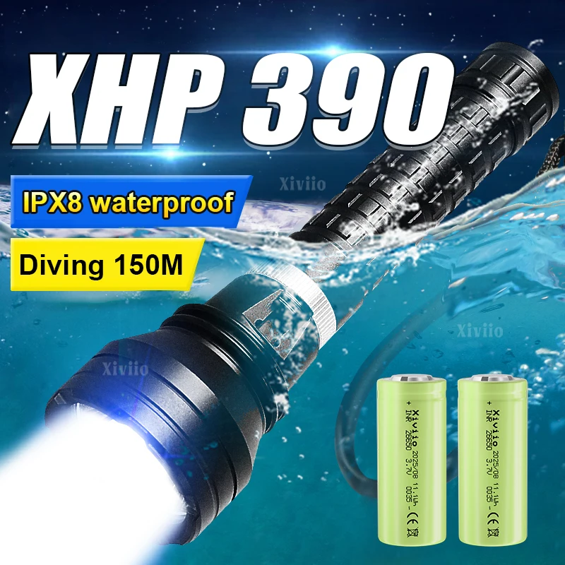 XHP390 Diving Flashlight 26650 Rechargeable Fixed Focus Super Bright Underwater Lantern Diving 150m Professional Diving Torch