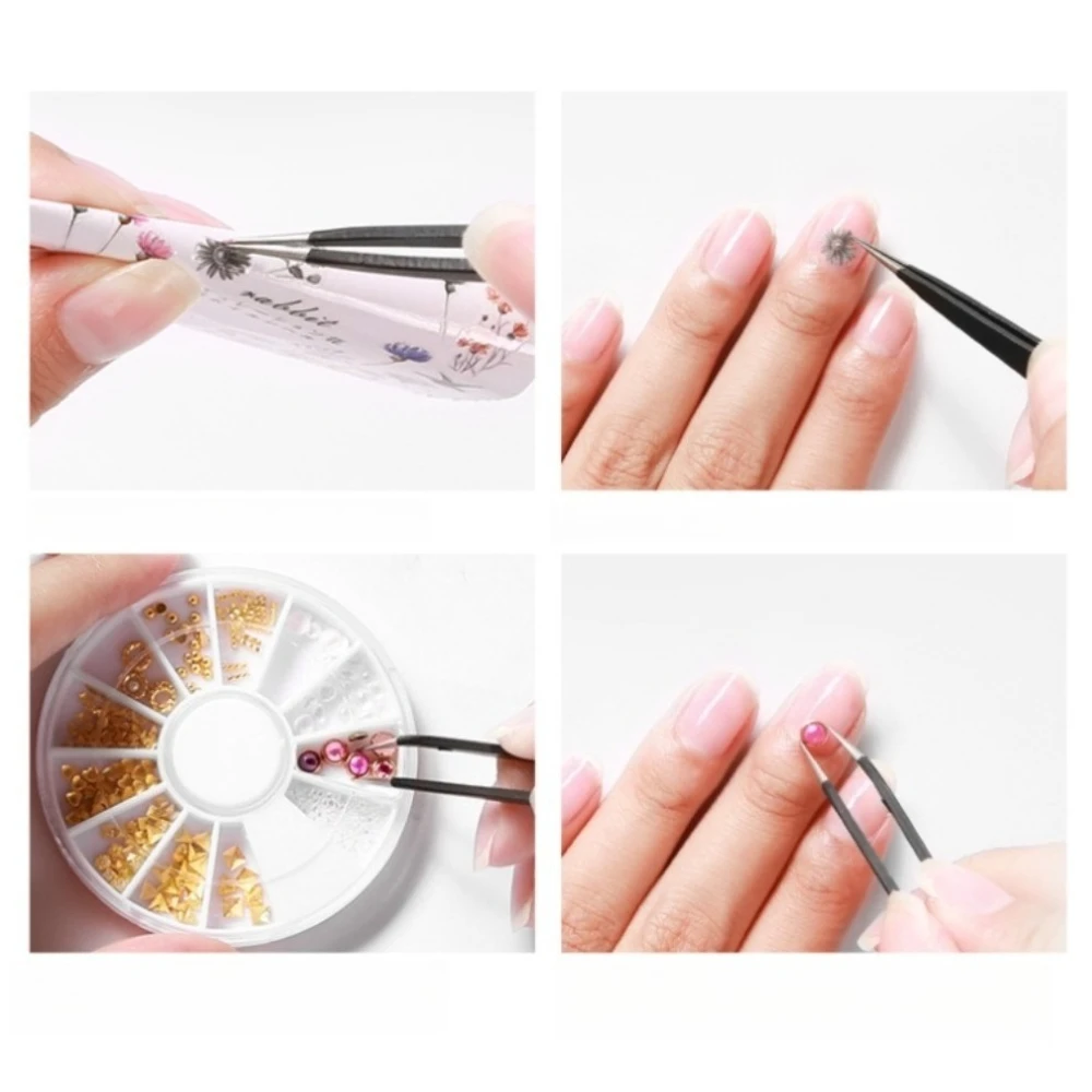 Conjunto de pinças para arte em unhas, 2 peças, unhas retas e curvas, selecionador de strass, aço inoxidável, antiestático, ferramentas de maquiagem grossas