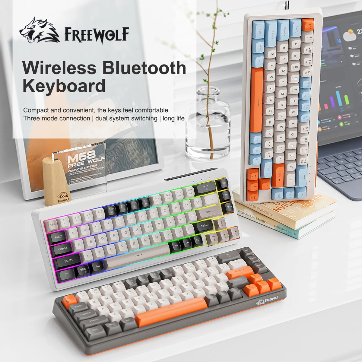 

БЕСПЛАТНАЯ игровая беспроводная клавиатура WOLF M68, Bluetooth, трехрежимное соединение, шариковая крышка из ПБТ, радужный свет