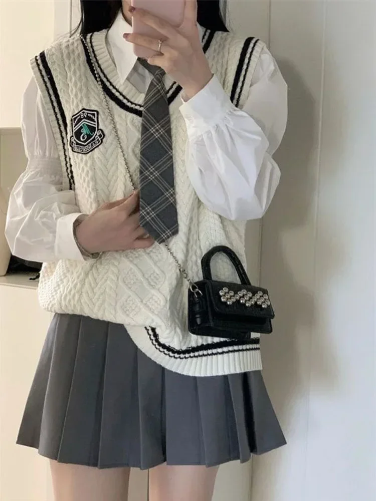 Japanese Cute School Uniform Women Korean Winter Knitting Sweater Skirt Sets V-neck Long Sleeve Jk Uniform School Girl Cosplay