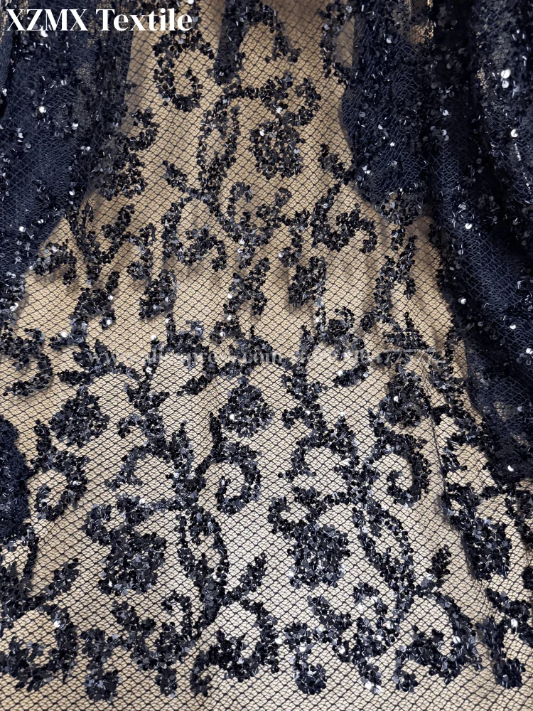 Schwarzer Blumen-Pailletten-Stickerei-Mesh-Spitzenstoff im Vintage-Barock-Stil für Damen-Party- und Abendkleider
