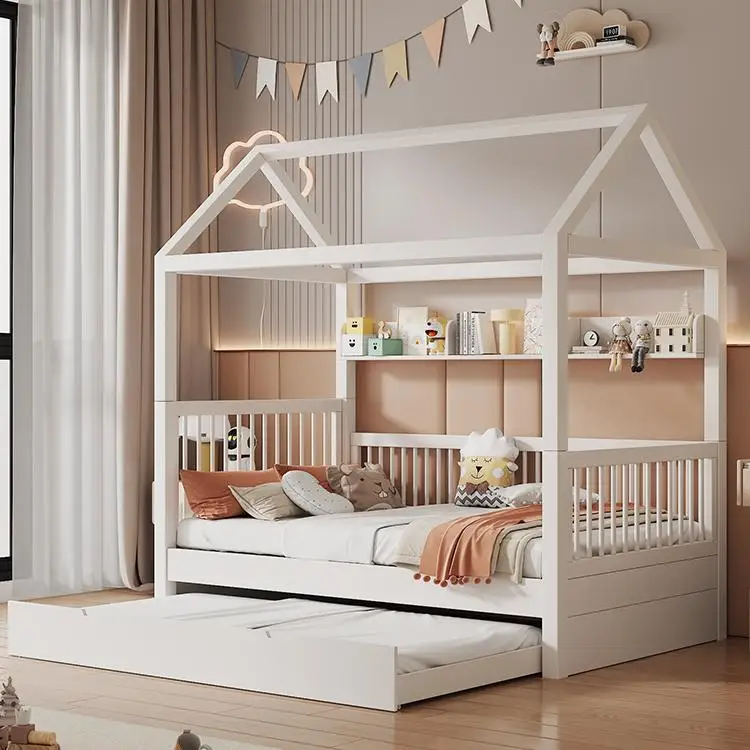Stylish White Solid Wood Kids Bed with House - Like Frame Perfect for Children's Bedroomspromote sales