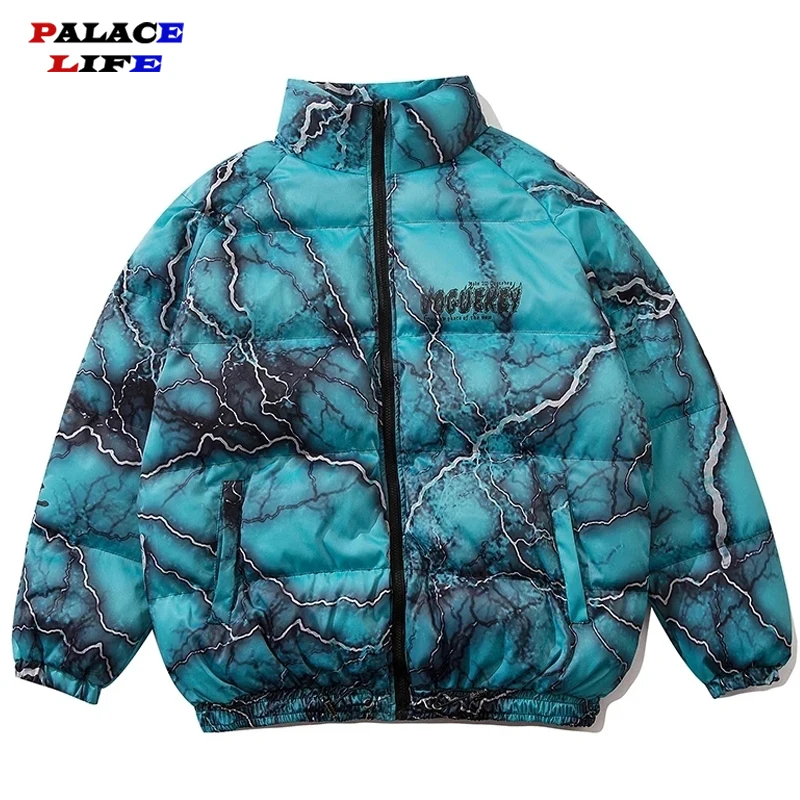 

Men Hip Hop Winter Parkas Vintage Lightning Letter Pattern Cotton-padded Jacket Couple Thick Warm Oversized Outerwear Winter