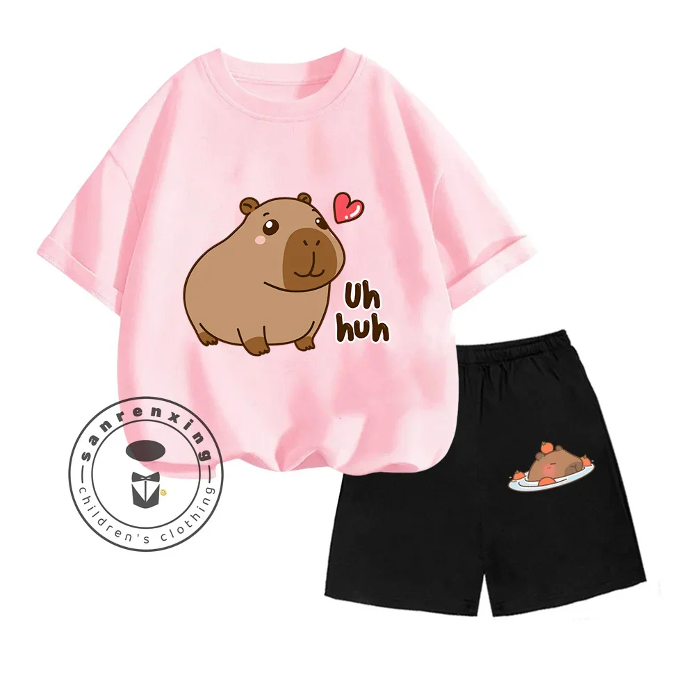 Capybara Vertical Graphic Cartoon Print Design O-neck Short Sleeves and Hip Hop Shorts Fit Both Boys and Girls Two-piece Sets