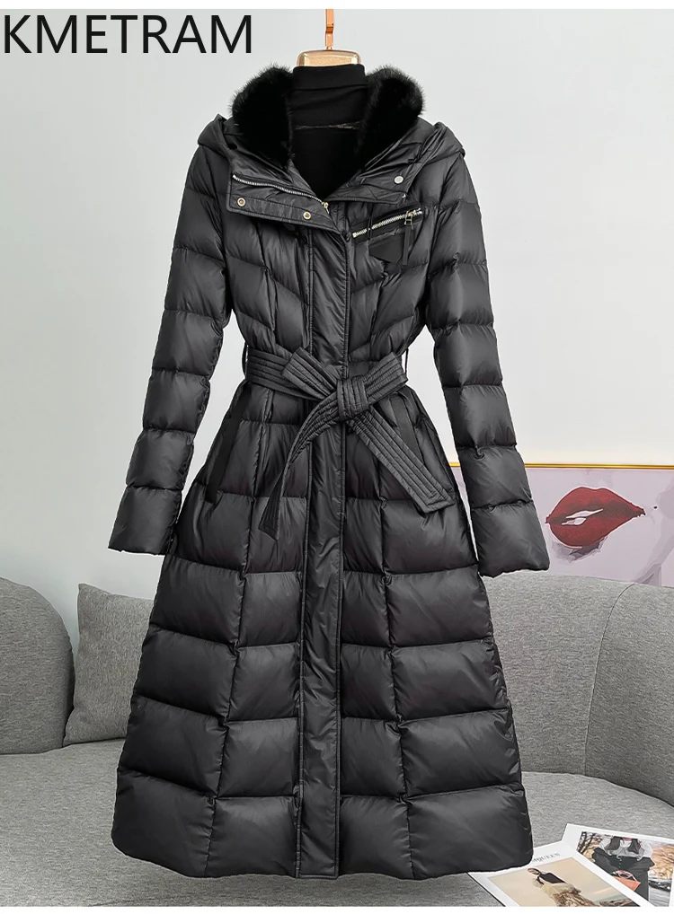 KMETRAM White Goose Down Puffer Jacket Woman Long Pink Down Coats Hooded Mink Fur Collar Outerwears Winter Clothes 2025 пальто