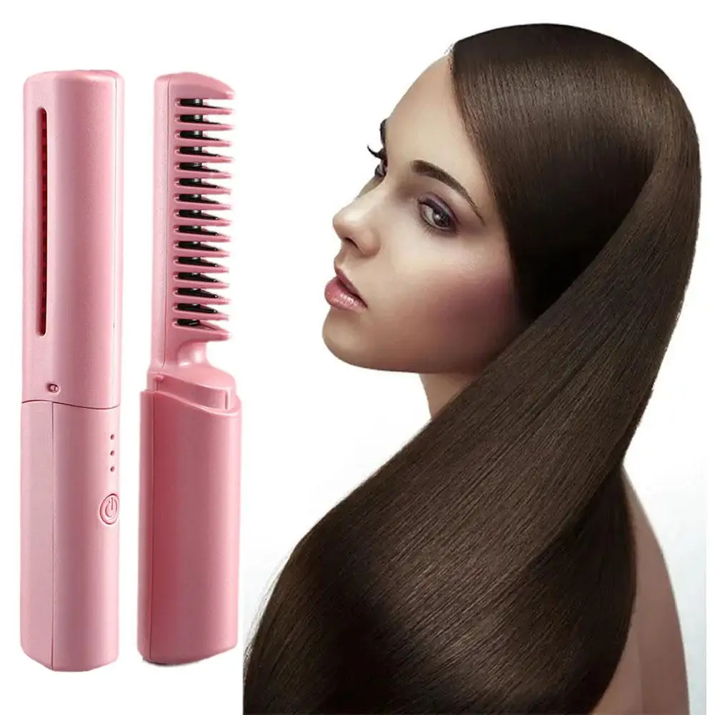 

2 In 1 Lazy Wireless Hair Hot Comb Portable Mini USB Rechargeable Fast Tool Hair Hair Straightening Styling Straightener He T0K5