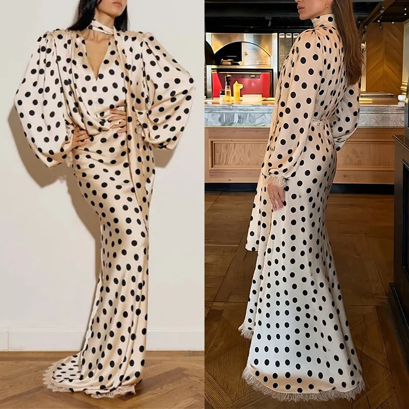 Elegant Satin Polka Dots Women's Maxi Dress Suit Ribbon V Neck Full Sleeve Waist Cinching Skirt Sets 2026 Evening Party Outfit
