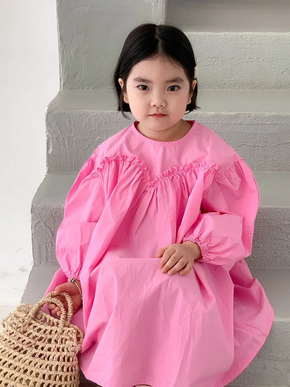 Girls Casual Dresses Spring Korean Girls Pink Dress New Long Sleeved Baby Princess Childrens Clothing 2024 Pleated