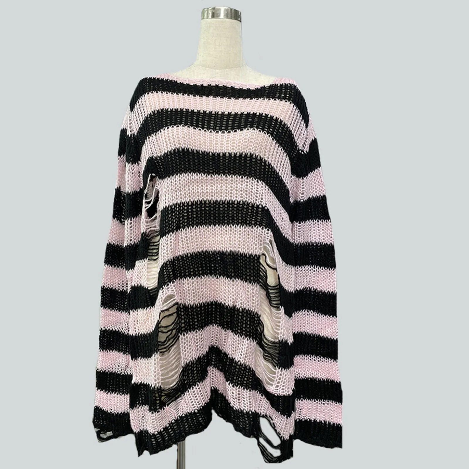 Goth Punk Gothic Sweater Oversized Pullovers Women Striped Cool Hollow Out Hole Broken Jumper Harajuku Aesthetics Sweate