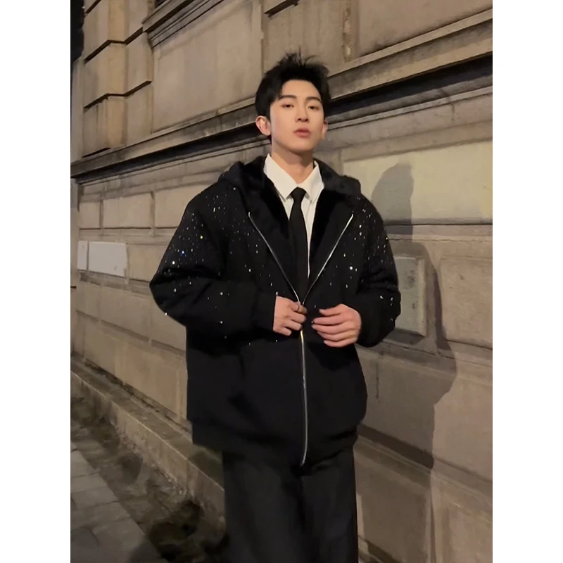 شتاء جديد سميكة الدافئة الثقيلة السماء المرصعة بالنجوم حجر الراين البلوز فضفاض عادية الصوف مبطن سستة مقنعين سترة للرجال