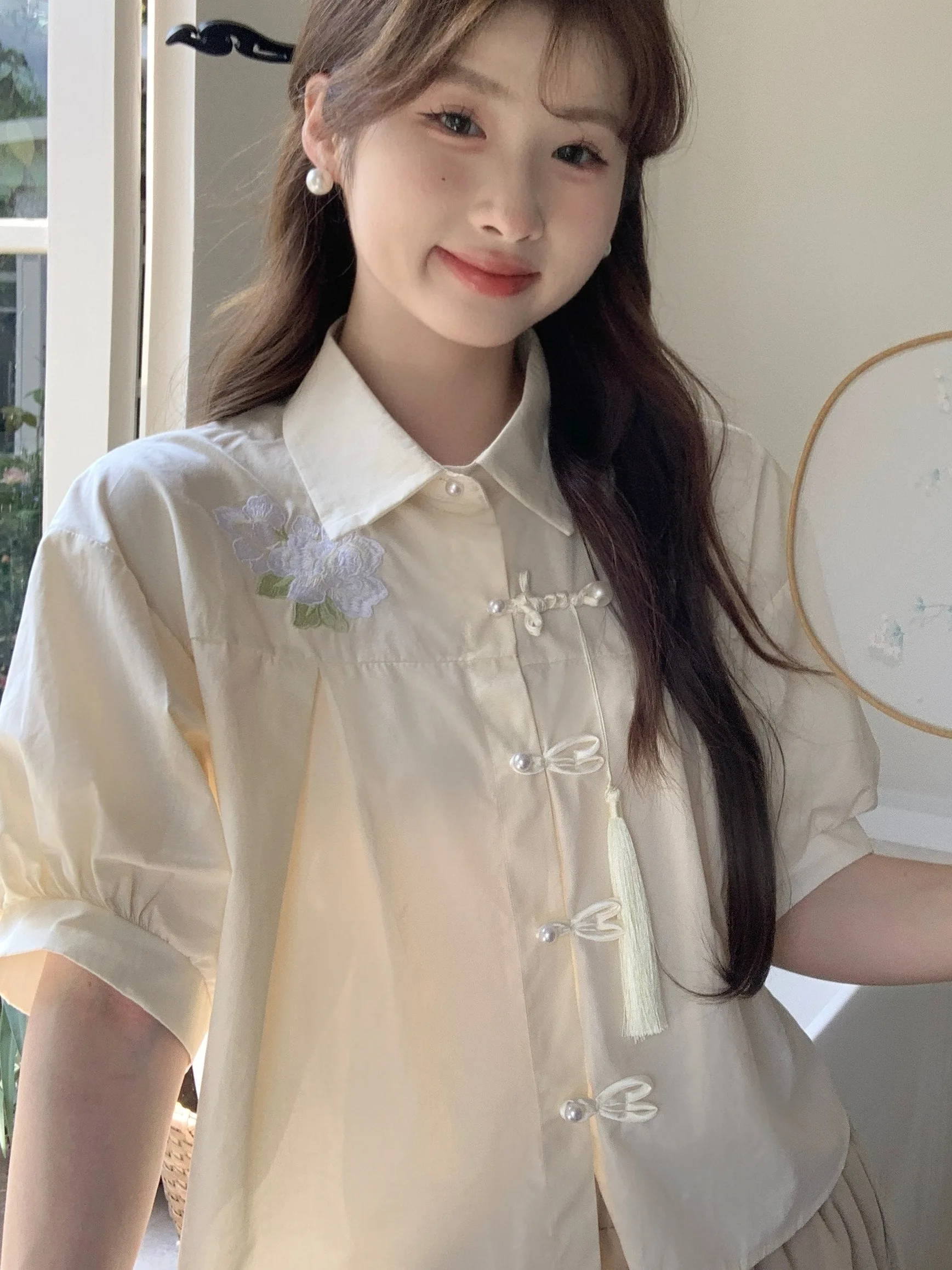 New Chinese Style Short Sleeve Embroidered  Neck Shirt Women's Summer Fashion Tassel Button Design Korean Loose Fit Blouse