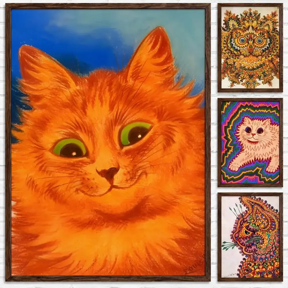 Whimsical Vintage Cat Art Louis Wain Ginger Kaleidoscope Cat Poster Self‑Adhesive Waterproof Poster Sticker Wall Art Home Decor