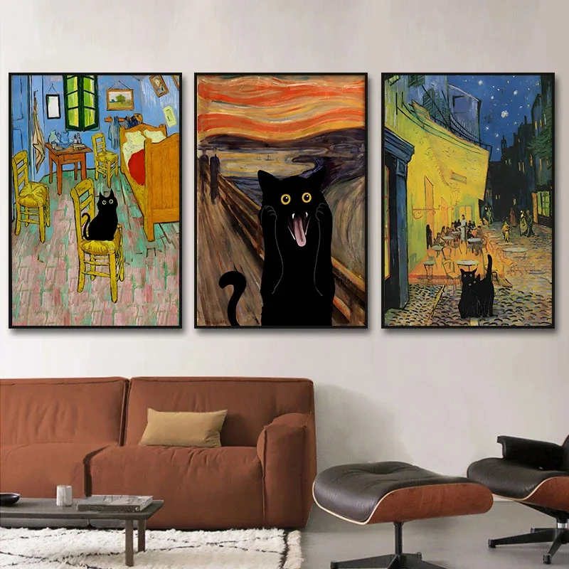 Scandinavian Classic Vintage Aesthetic Wall Art Colorful Naughty Cat Oil Painting Poster Print Home Bedroom Living Room Decor