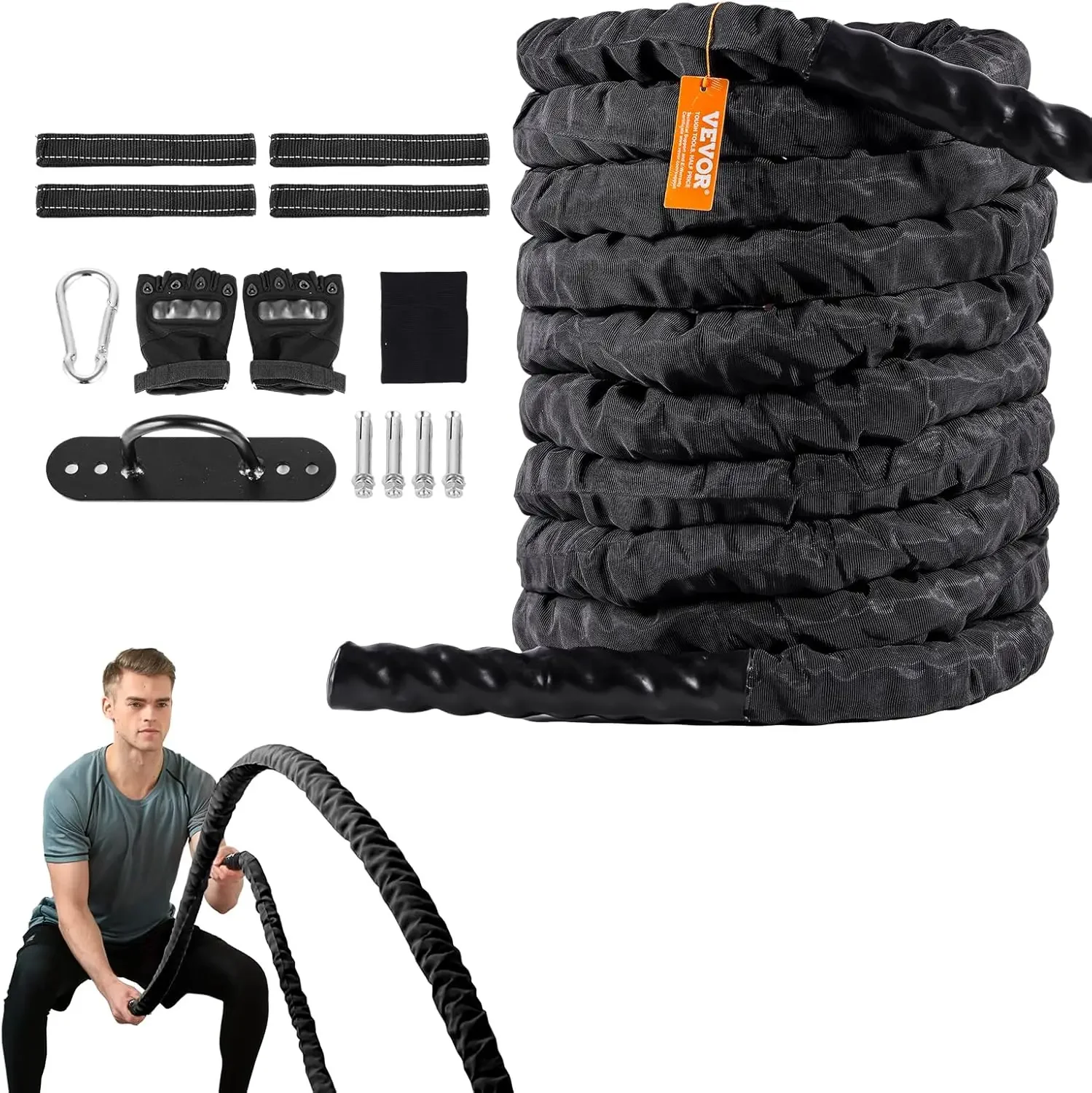 

Battle Rope, 1.5 Inch Diameter 40Ft Length Polyester Exercise Rope, Battle Exercise Equipment with Protective Sleeve & Anchor